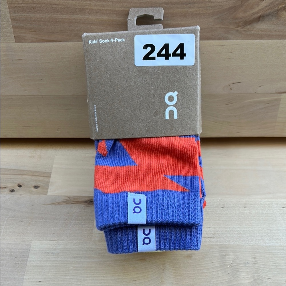 On Running Kids Sock 4-Pack Blueberry Flame Organic Cotton Size M US 13-3 NEW